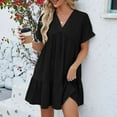 thumbnail image 4 of Quinlirra Womens summer dresses casual Women's V-neck Solid Color Short Sleeved Pleated Loose Fitting Dress, 4 of 5