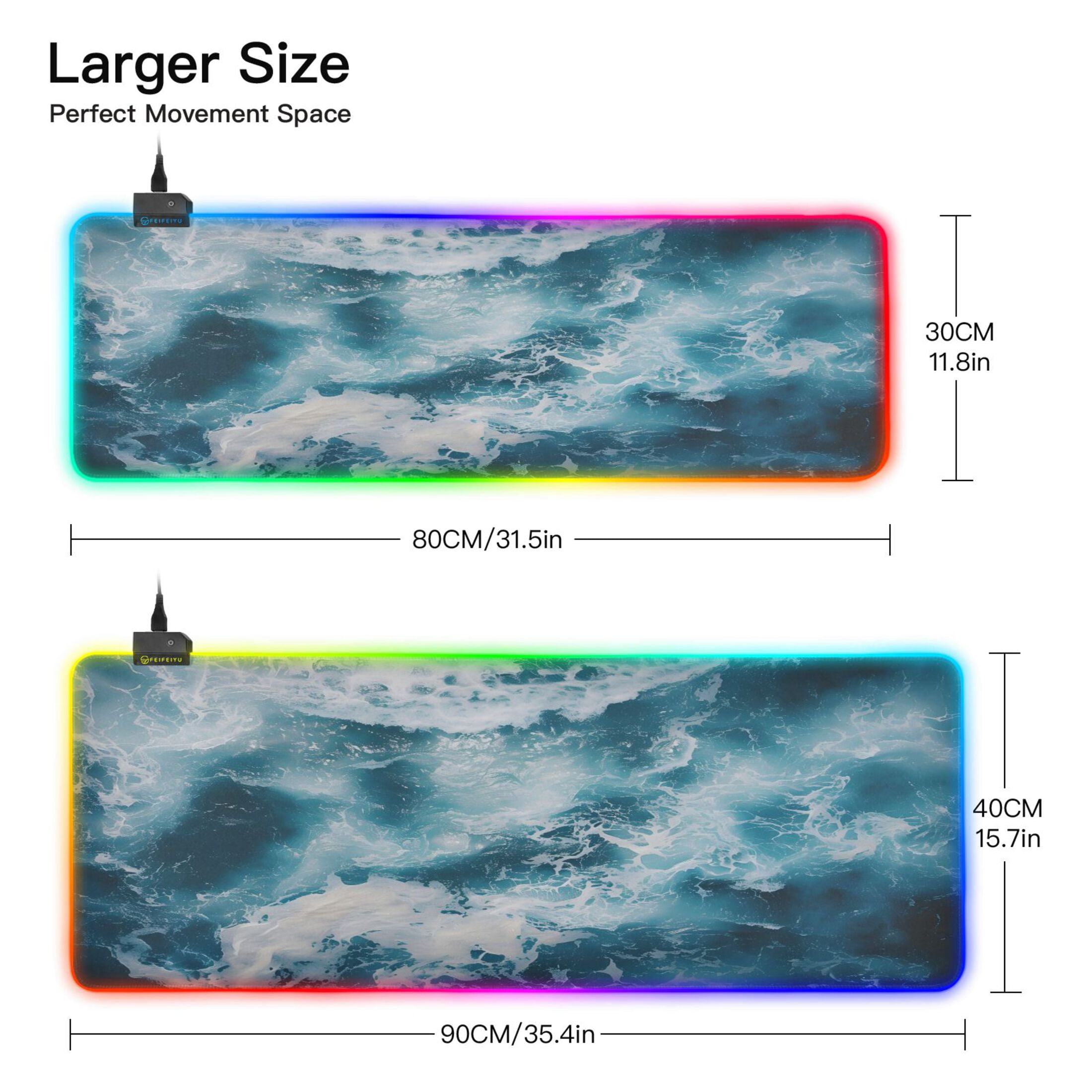 Large RGB Gaming Mouse Pad Led Glowing Mousepad Non-Slip Rubber Base 13 Light Modes 31.5x11.8 Ocean and Wave