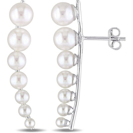 Miabella White Cultured Freshwater Pearl Sterling Silver Journey Earrings