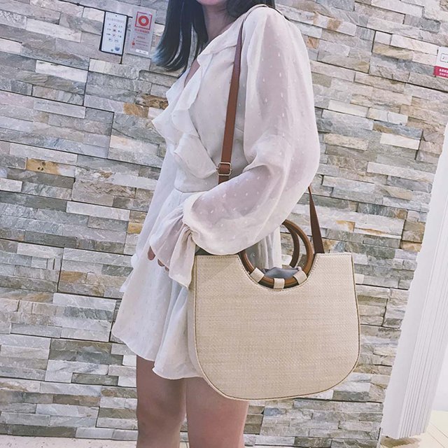 OULII Straw Beach Tote Bag Fashionable Wood Khaki 1Set Daily Use
