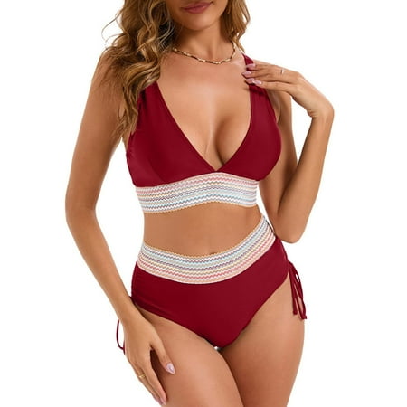 Aueoeo Women s Bikini Swimsuit Two Piece Set Suspenders V Neck Bra & High Waisted Drawstring Tie Side Bottom Bathing Suit