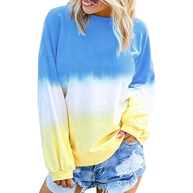 Women Long Sleeve Sweatshirt Colorblock Tie Dye Printed Pullover Tops(S-2XL)