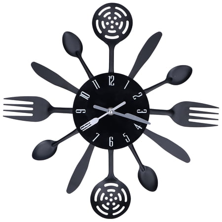 M Buder Black Kitchen Cutlery Wall Clock Modern Stainless Steel Spoon Fork Wall Hanging Clock Home Decoration, 14.4 inches / 36.5 cm