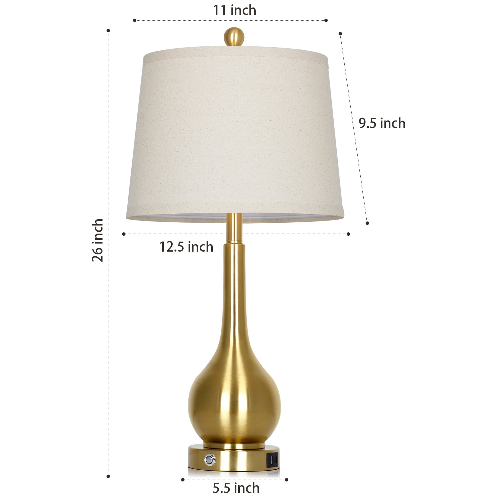 Cinkeda 26" Modern Table Lamp Set of 2 Farmhouse Industrial Touch Bedside Nightstands Lamps with USB A+C Charging Ports