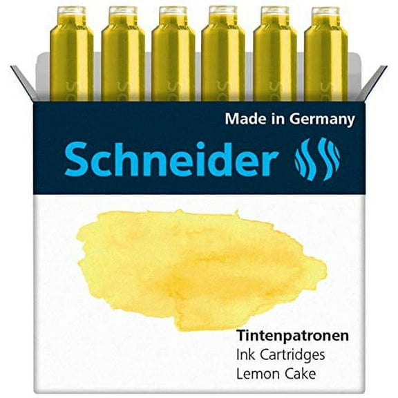 Schneider Ink Cartridge Pastel, Standard Format, Ball Closure, Refill for Fountain and Cartridge Rollerball Pens, Lemon Cake Ink, Box of 6 Cartridges (166125)