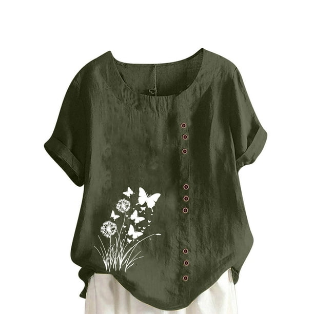 Vestidos Casuales Para Mujer, Blusas De Mujer De Moda Blusa informal de lino con cuello redondo, manga corta y botones para mujer