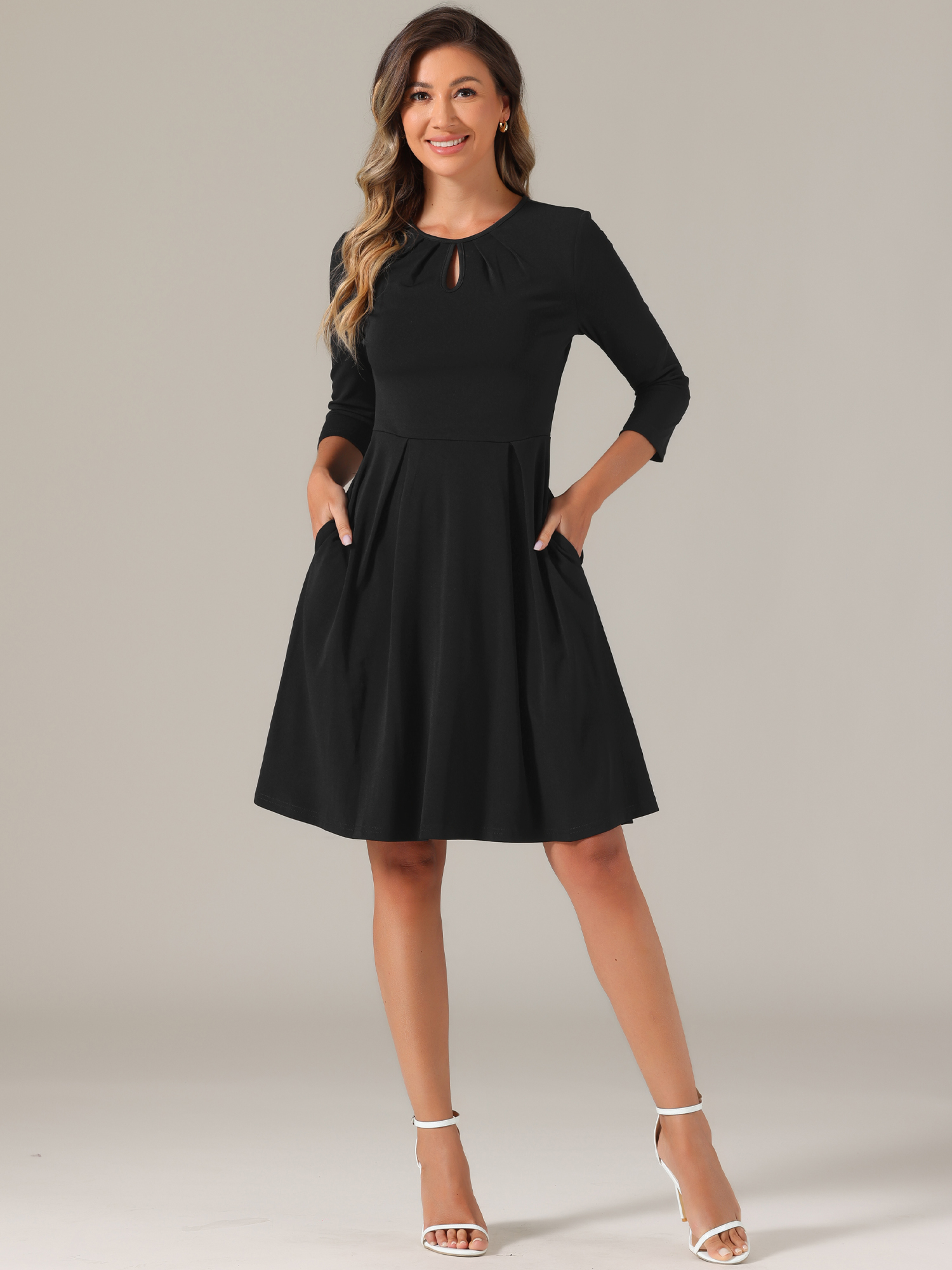 DARING DIVA Pleated Keyhole Neck A-Line 3/4 Sleeve Dress M Black