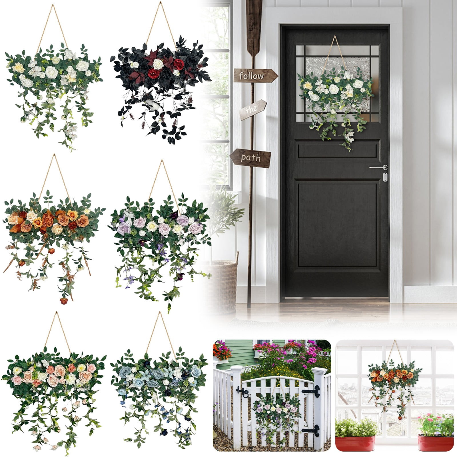 Artificial Hanging Floral Swag, Fake Rose Wall Hanging, UV Resistant Faux Floral Bouquet with Lush Foliage, Hanging Wall Decor for Spring Garden Wedding Home Office Kitchen Table Vase, White