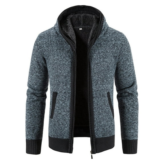 GrmtClth Zip Up Hoodie Men Slim Fit Long Sleeve Sherpa Lined Knitted Cardigan Sweater 2025 Fall Winter Warm Hooded Jackets Coat with Pockets Blue M