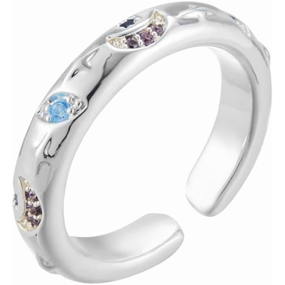 Cubic Zirconia Moon Star Ring for Women Silver Plated Universe Crystal Stacking Ring Engagement Promise Rings Wedding Band Adjustable Minimalist Jewelry