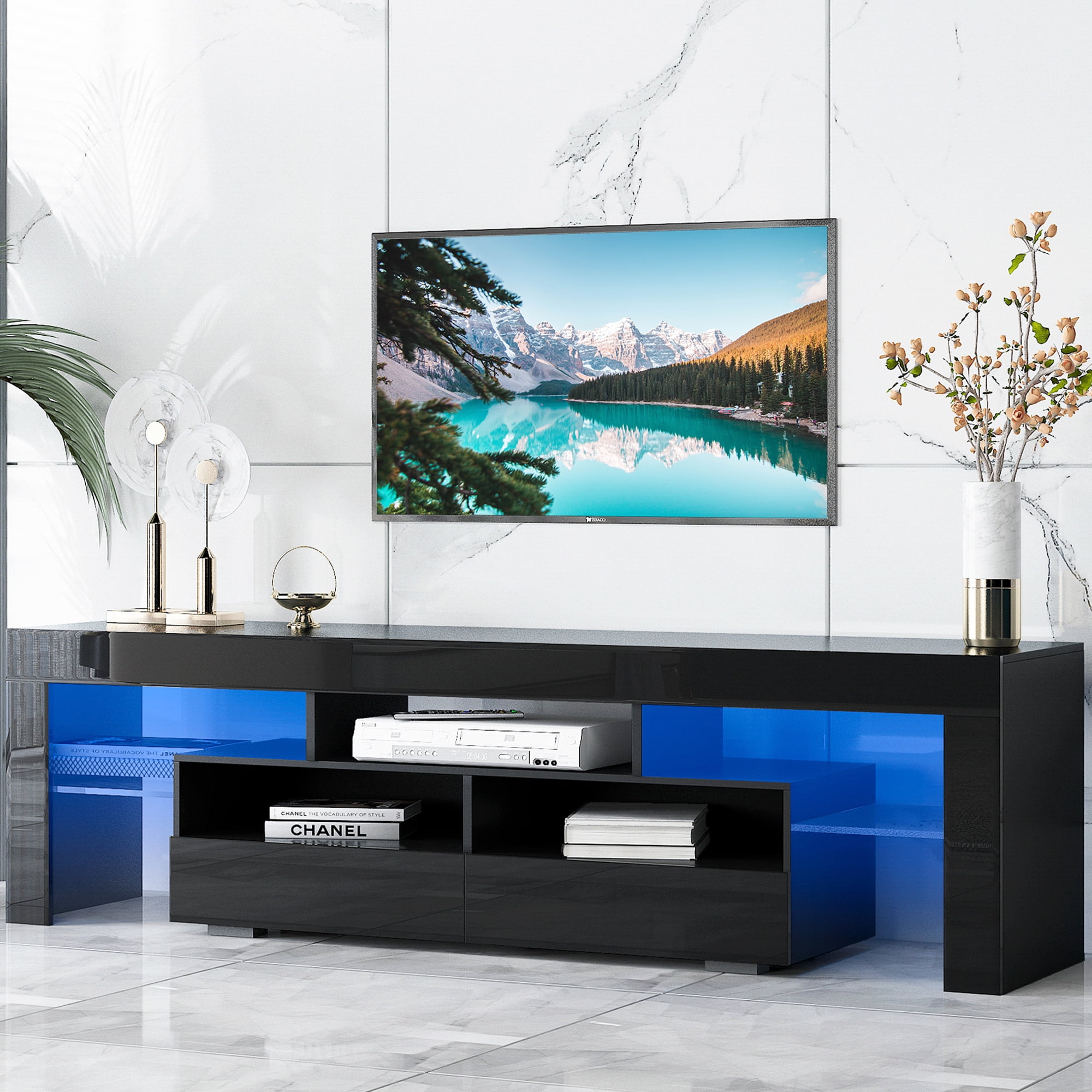 White 63" TV Stand Cabinet Console w/LED Light Shelves for Living Room Storage 