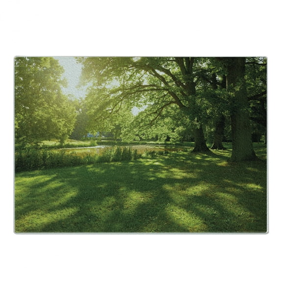 Green Cutting Board, Summer Park in Hamburg Germany Trees Sunlight Forest Nature Theme Scenic Outdoors Picture, Decorative Tempered Glass Cutting and Serving Board, Small Size, Green, by Ambesonne