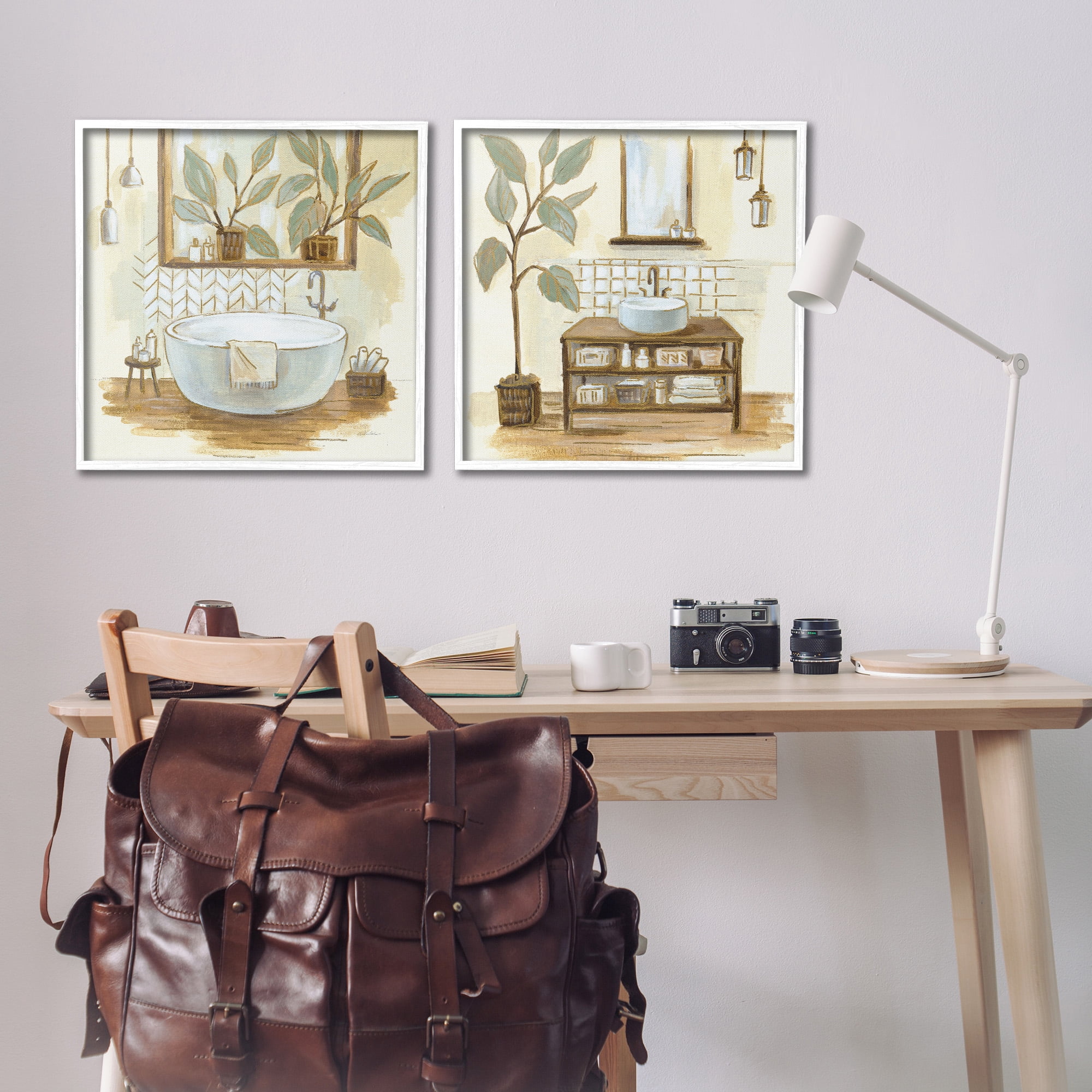 Stupell Industries Sage Green Bathroom Interiors Botanical & Floral Painting White Framed Art Print Wall Art, 24 x 24, Set of 2