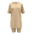 thumbnail image 7 of WAYUTE Short Sets Women 2 Piece Outfits Casual Solid Round Neck Short Sleeve Summer High Slit Top Shirt Shorts Set, 7 of 7