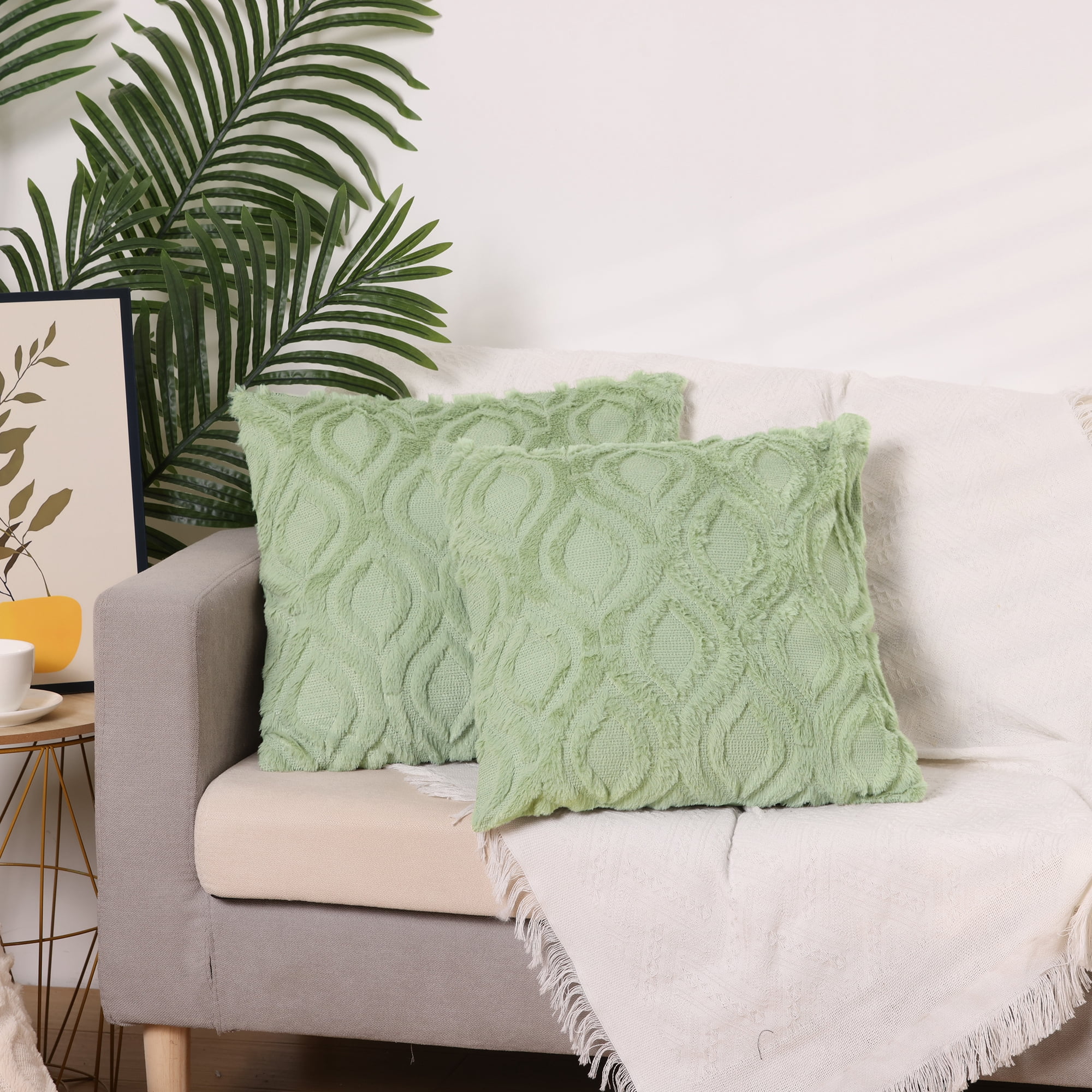 Unique Bargains 4 Pack Shaggy Plush Throw Pillow Covers Soft Couch Pillow Covers Set Green-2/Khaki-2 20" x 20"