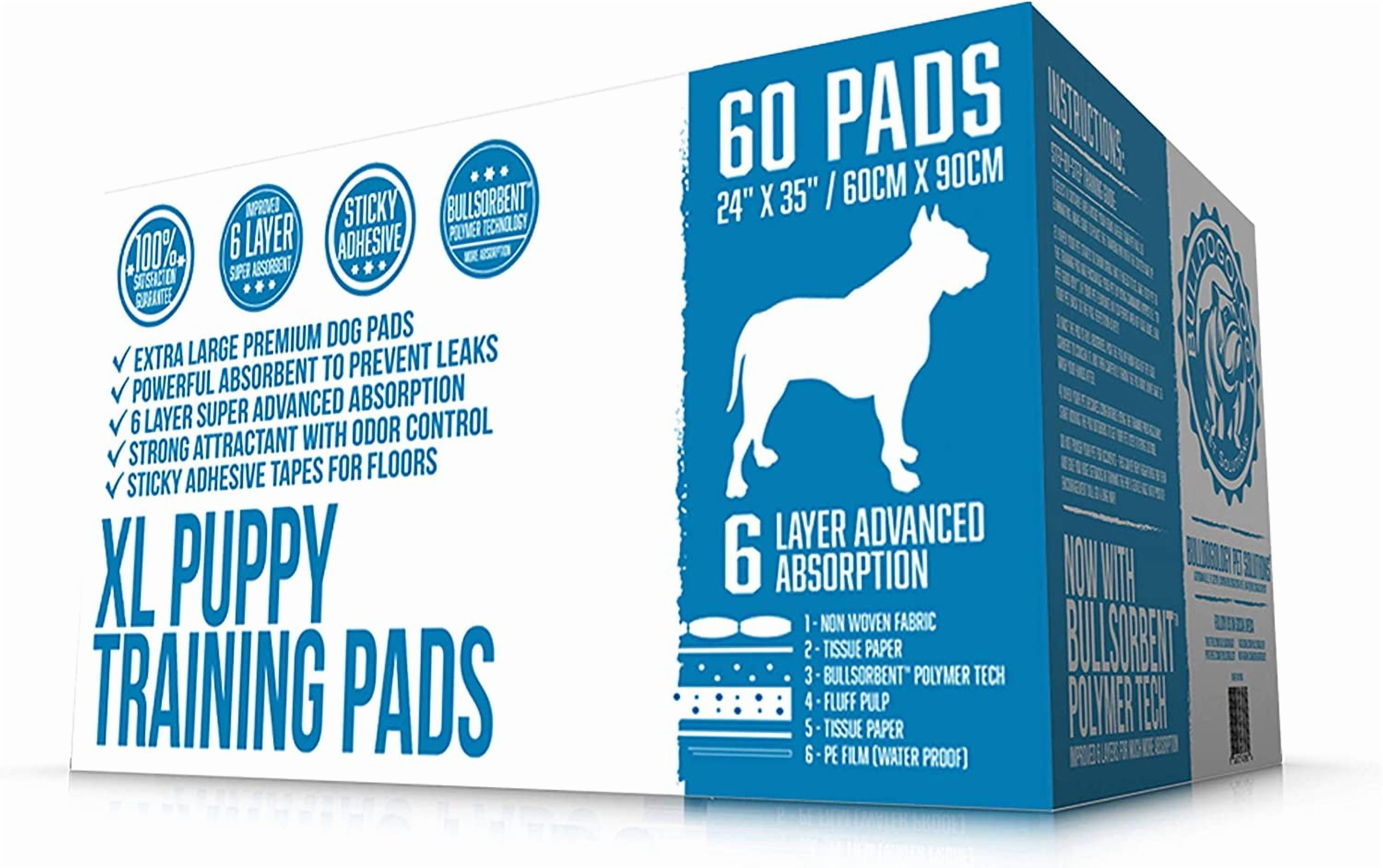 Bulldogology Puppy Pee Pads Xl with Adhesive Sticky Tape - Extra Large Dog Training Wee Pads (24x35) 6 Layers with Extra Quick-Dry Bullsorbent Polymer Tech (180-Count)