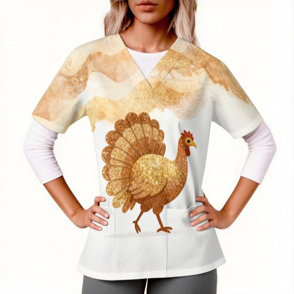Trikvn Women's Scrub Tops Thanksgiving Turkey Print V-Neck Nursing Uniforms Short Sleeve Medical Healthcare Workwear with Pockets Faux Glitter Graphic