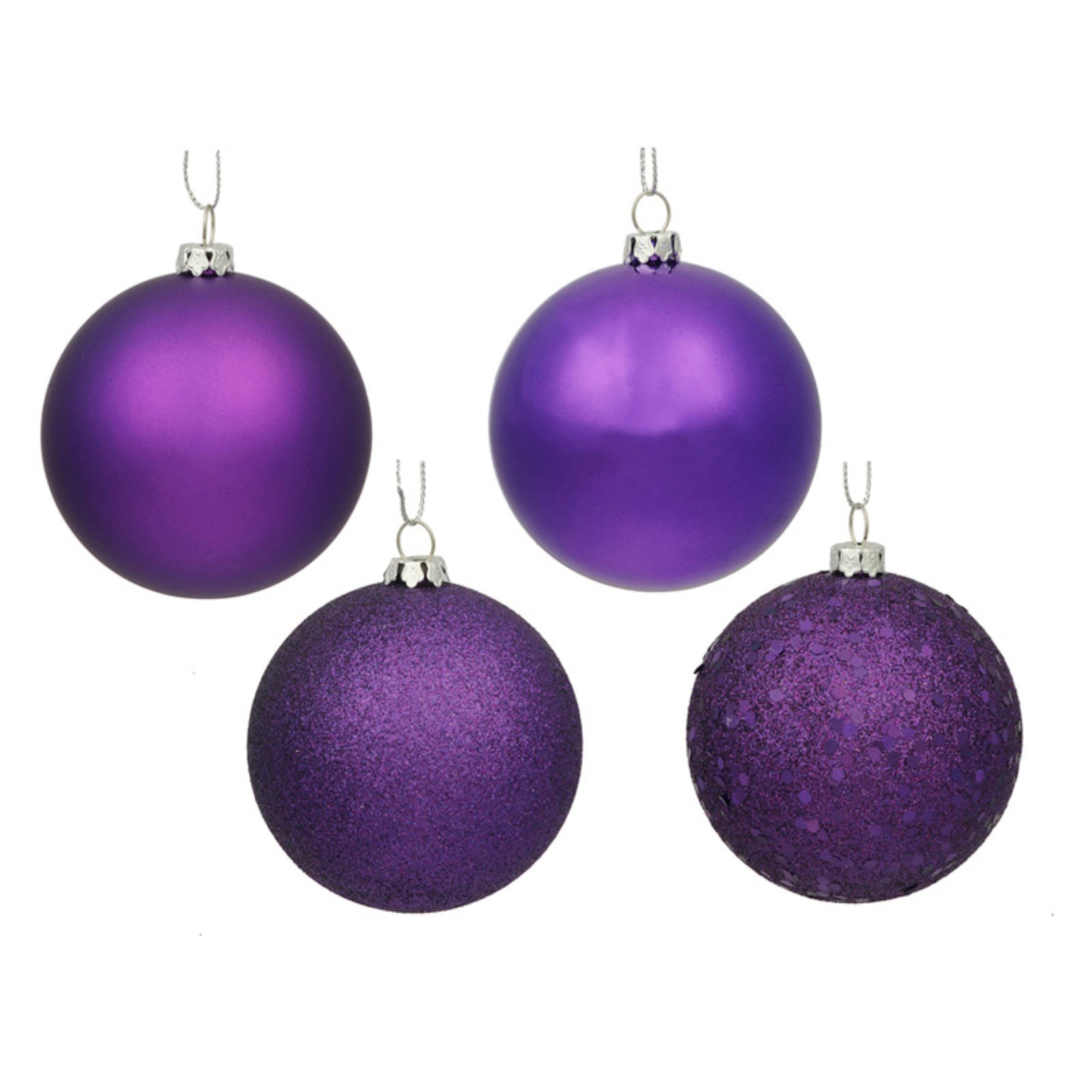 Includes 4 Ornaments per Box. Vickerman 8 Purple 4-Finish Ball Ornament Set 
