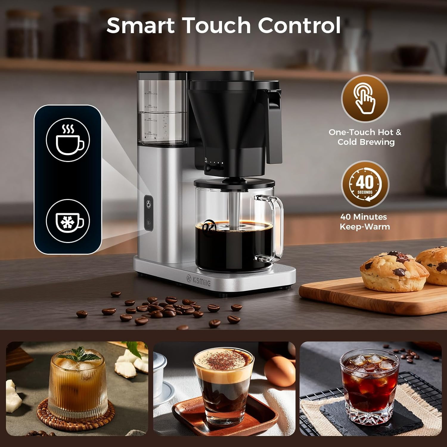 8 Cup Coffee Maker Machine with Pour Over, Cold Brew, 40 Min Keep Warm & Removable Water Tank