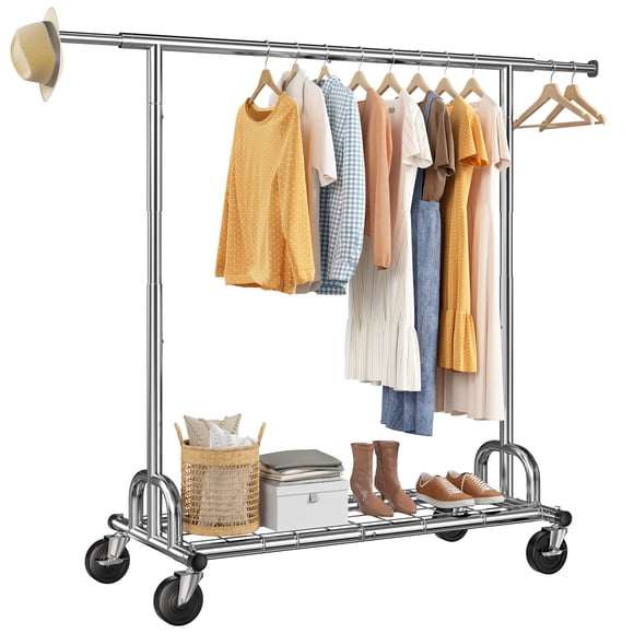Exenoray Adjustable Single Rod Clothing Rack with Bottom Shelf, 220 lbs Capacity Rolling Garment Organizer
