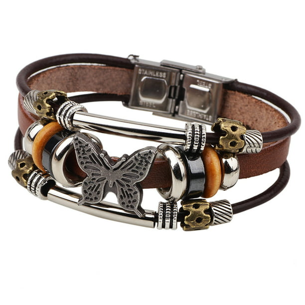 Butterfly and Bead Charms Leather Wristband Bracelet For Women or ...