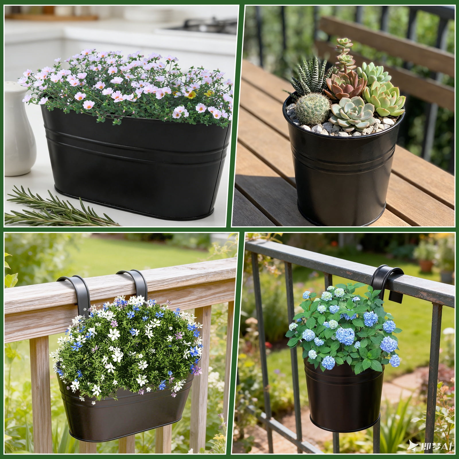 AEVXKHI 6 Pack Metal Railing Planters for Outdoor Plants, Large Iron Balcony Hanging Planter, Flower Pots with Detachable Hook and Drainage Hole, Hanging Bucket Rail Pot for Home Garden Fence