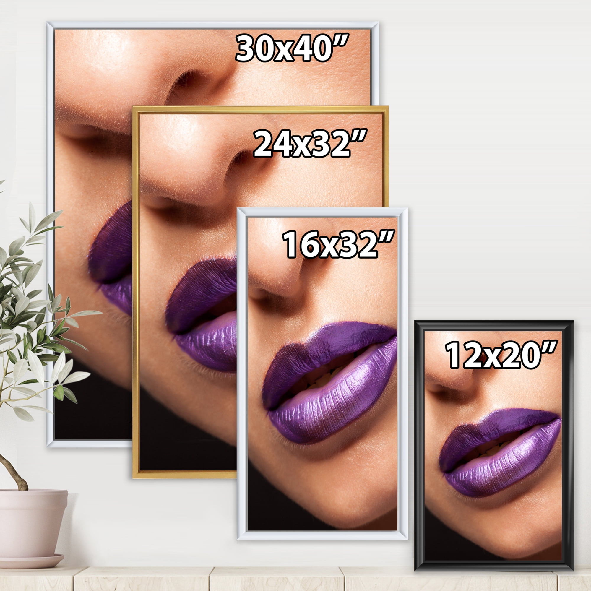 Designart 'Close Up View of Girl Lips With Purple Lipstick' Modern Framed Canvas Wall Art Print