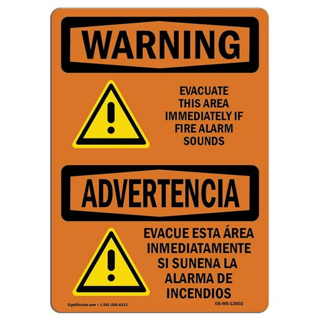 SignMission OS-WS-A-1218-L-12602 12 x 18 in. OSHA Warning Sign - Evacuate Immediately Bilingual