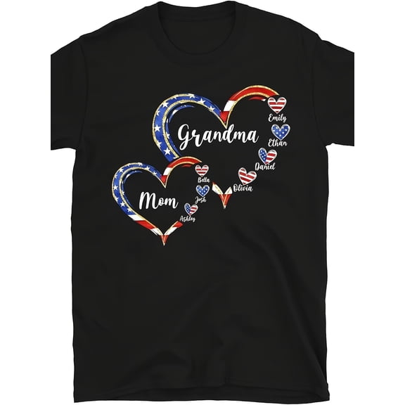 Personalized American Flag Hearts Grandma Mom T-Shirt, Custom Family Names Patriotic Grandmother Mother's Day Gift Tee, Independence Day Apparel