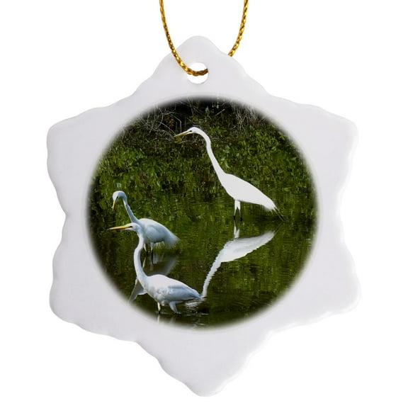 3drose, Snowy Egrets, 3 inch Snowflake Porcelain Ornament