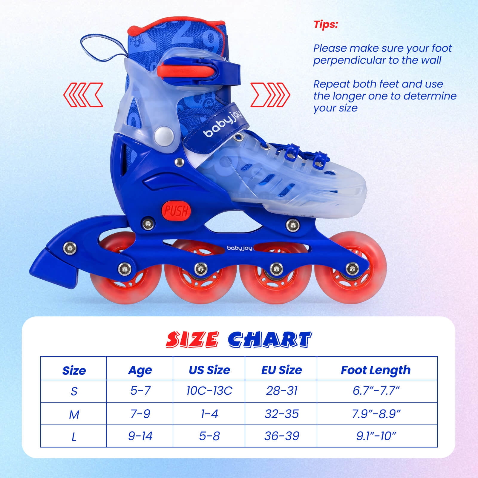 Babyjoy Kids Inline Skates for Boys Girls, 4-Size Adjustable Illuminating Roller Skates Blue