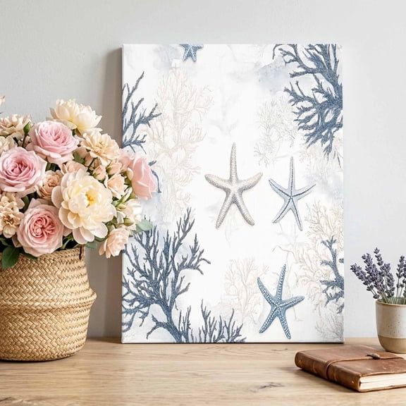 Canvas Wall Art Retro Starfish Coral Canvas Art Print Ocean Nautical Coastal Pictures Wall Decor for Living Room Bedroom Artwork Decorations Stretched Framed Ready to Hang 8"x12"