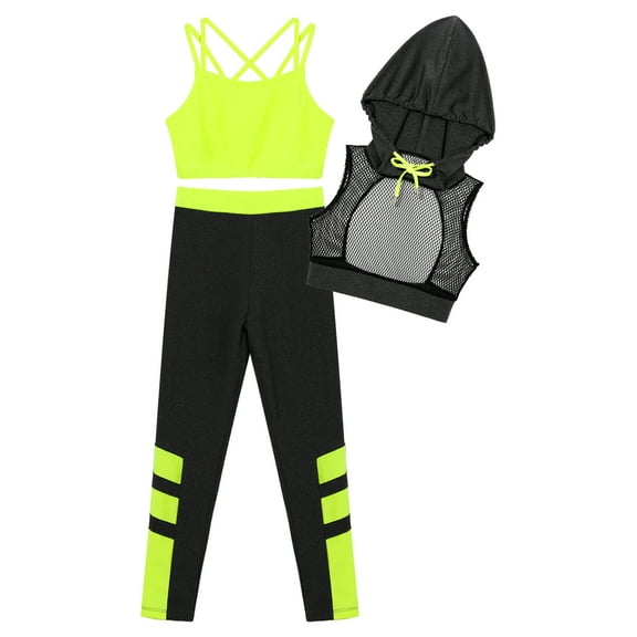 YIZYIF Kids Girls 3Pcs Sports Outfit Activewear Camisole Mesh Hoodie Cropped Vest Running Jogger Set Fluorescent Yellow 10