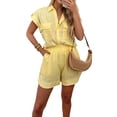 thumbnail image 3 of Women Summer Two Piece Outfits Short Sleeve Button Shirt Shorts Cute Sets Vacation Daily Wear Lemon Yellow L, 3 of 7