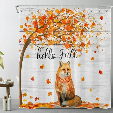 HVEST Farmhouse Fall Shower Curtain for Bathroom,Funny Fox and Autumn Red Orange Maple Leaf on Gray Fabric Shower Curtain with Hooks,Rustic Country Bathroom Curtain Shower Set, 72x78 inches