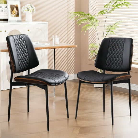 MYFUNT Dining Chairs Set of 2, Mid-Century Modern Kitchen Chairs with Walnut Bentwood Back and Metal Legs, Armless Side Chairs for Kitchen Dining Room, Black