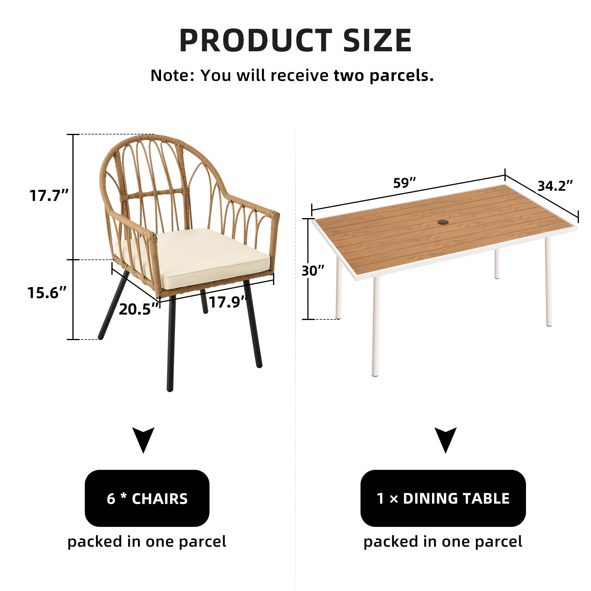 Uforic 7 Pieces Outdoor Patio Dining Table Set, 6 Rattan Wicker Dining Chair and Rectangular Dining Table with Umbrella Hole for Garden, Lawn,Patios, Backyard