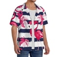 thumbnail image 4 of KLL Dark Blue Stripes and Pink Flamingos Print Men's Shirt Short Sleeve Button Down Summer Cuba Beach Shirts- Medium, 4 of 7
