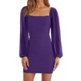 thumbnail image 3 of Long Sleeve Square Neck Ruched Women's Mesh Party Club Cocktail Bodycon Dress, 3 of 5