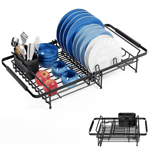 KK KINGRACK Dish Drying Rack , Expandable Metal Dish Rack, Rustproof Dish Drainer for Kitchen Counter, Black