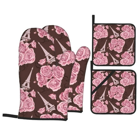 

Oven Mitts and Pot Holders Sets 4 pcs - pink flower Tower Heat Resistant Silicone Oven Gloves with Non-Slip Silicone Surface and hot pads for kitchen Baking Cooking BBQ