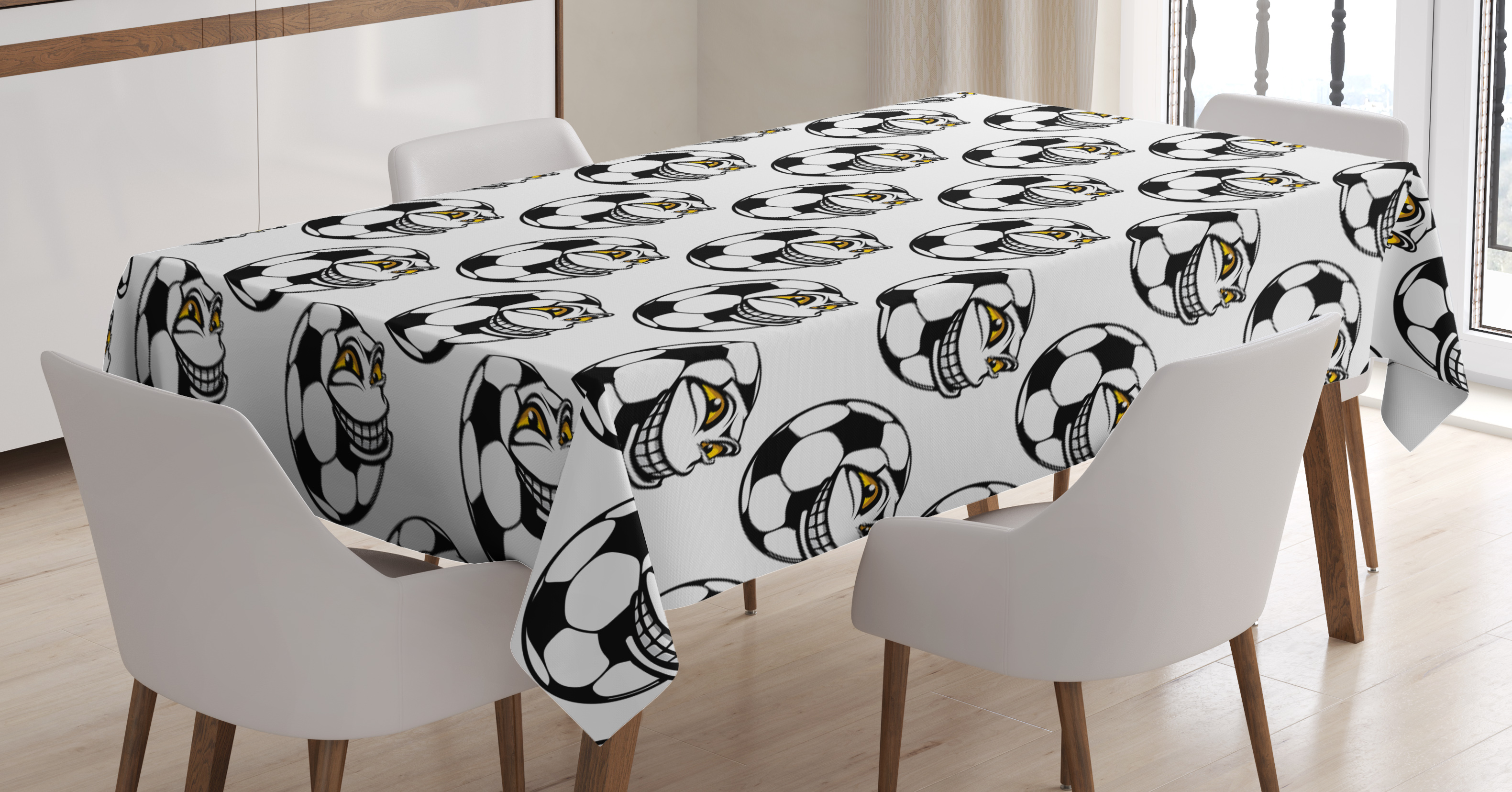 Soccer Tablecloth, Cartoon Football Mascot with Happy Funny Face Expression Sports Game Play