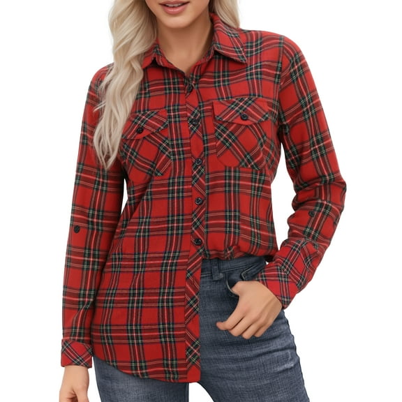 OALUXE Plaid Shirts for Women Roll Up Long Sleeve Casual Button Down Blouses Tops with Pockets