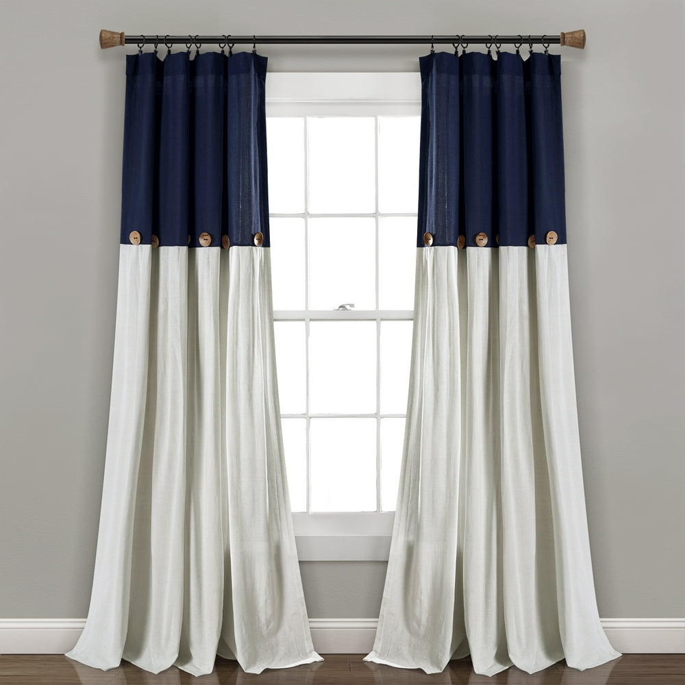 Lush Decor Linen Button Window Curtain Panels Single Navy/White 40X95