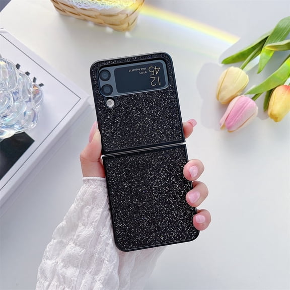 for Samsung Galaxy Z Flip 4 6.7" Glitter Folding Case, Rugged PC Anti-Fingerprint Heavy Duty Full Body Protective Case for Samsung Z Flip 4 Women Ladies, Black