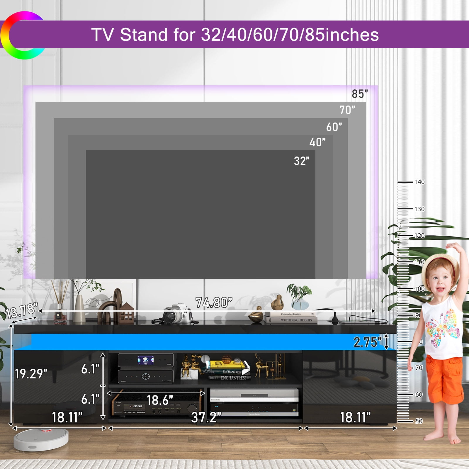 LED TV Stand for TVs up to 75" with Power Outlets, 66" High Gloss Gaming Entertainment Center Media Console with Sound Bar Shelf