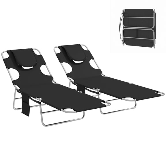 Sun Loungers Set of 2, 5-Position Adjustable Steel Frame Outdoor Recliner with Padded Head Hole and Side Pocket, Black