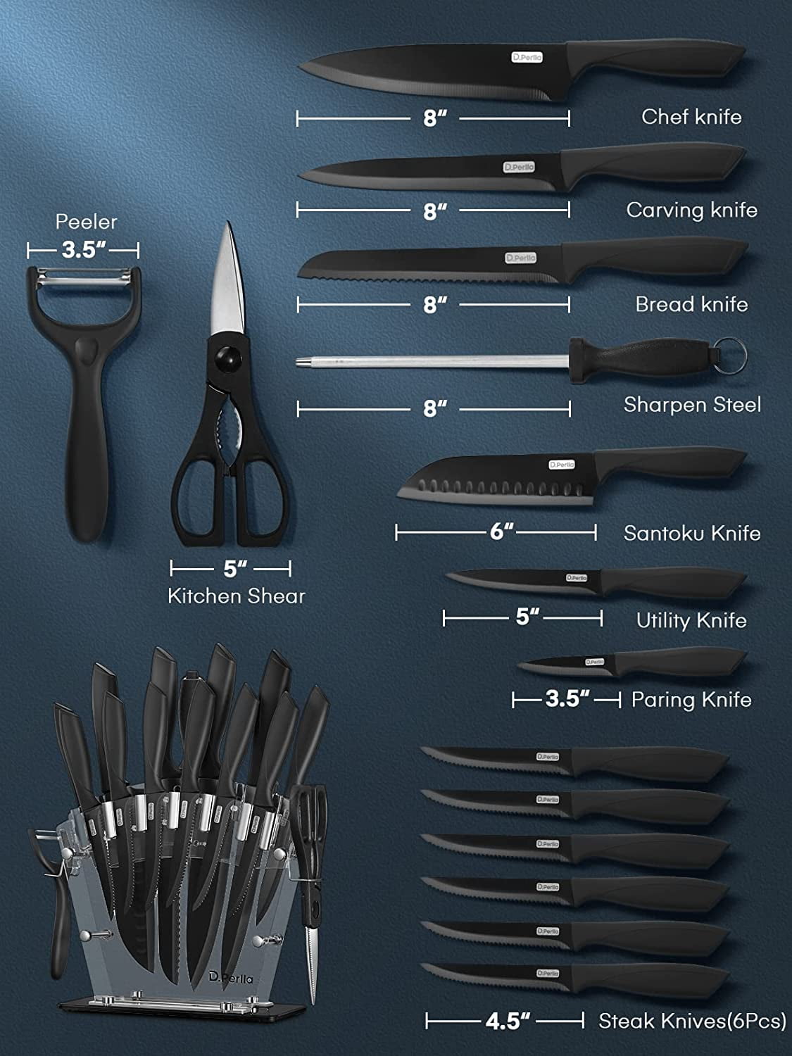 Deik Knife Set 6 Piece, Black Chef Knives with Sharp Blades Nonstick Coating Easy Grip Handle