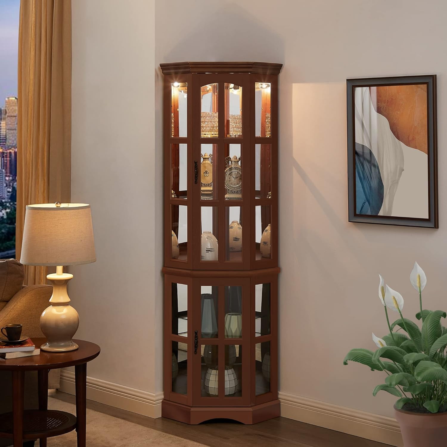 Miniyam 5 Shelf Corner Curio Display Cabinet with Lights,China Display Cabinet with Glass Doors,Lighted Display Cabinet,Walnut(E26 light bulb not included)