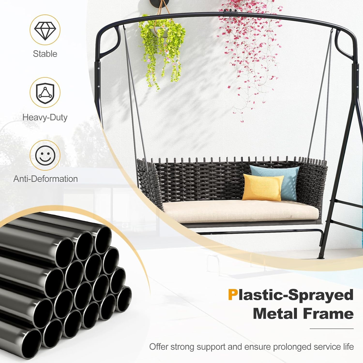 2 In 1 Upgraded Metal Outdoor Porch Swing Stand, Heavy Duty Hanging Swing Frame, Black